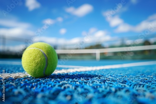 Close-up of a bright yellow tennis ball on a textured blue court with the net in the background, perfect for sports and active lifestyle themes.