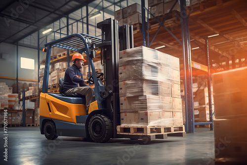 Worker in a safety vest operates a forklift, transporting a pallet of goods in a well-lit warehouse.Generative ai