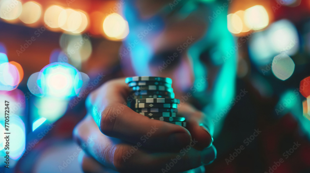 An individual hesitantly holding a gambling chip in a casino dilemma written on their face. - obrazy, fototapety, plakaty 