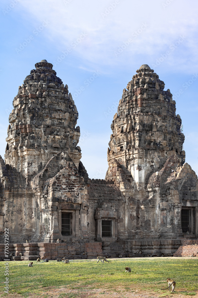 Historical castle in Phra Prang Sam Yod, Lopburi Thailand lot of monkeys