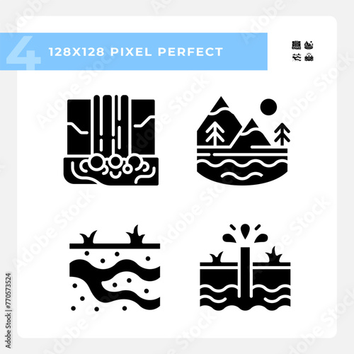 Natural water bodies black glyph icons set on white space Natural resources. Scenic view. Groundwater. Silhouette symbols. Solid pictogram pack. Vector isolated illustration. Pixel perfect