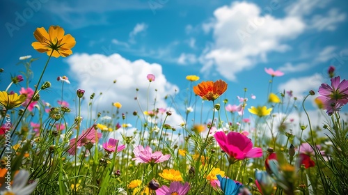 Brightly colored flowers in a field with a blue sky and clouds ,Generative ai, 