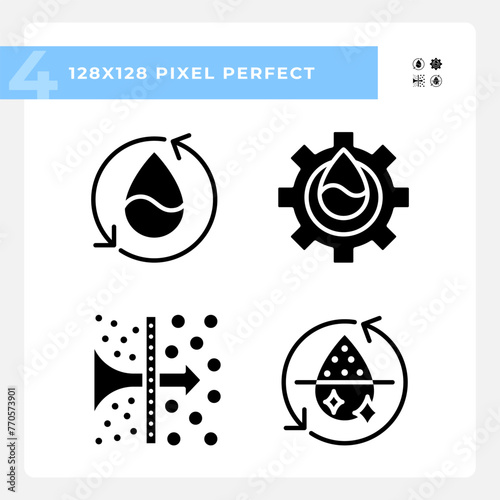Water treatment black glyph icons set on white space Osmosis and desalination. Filtration process. Potable water. Silhouette symbols. Solid pictogram pack. Vector isolated illustration. Pixel perfect