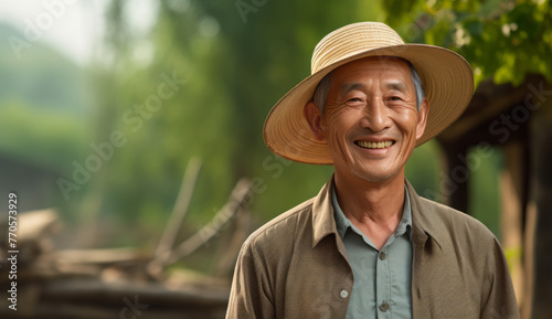 Chinese farmer smiling for the camera against the backdrop of their lush, sun-kissed paddy fields, conveying a sense of satisfaction and connection to the land with Hmong-Mien cultures
