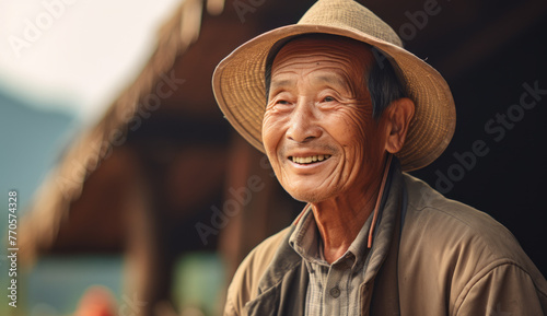 Chinese farmer smiling for the camera against the backdrop of their lush, sun-kissed paddy fields, conveying a sense of satisfaction and connection to the land with Hmong-Mien cultures photo