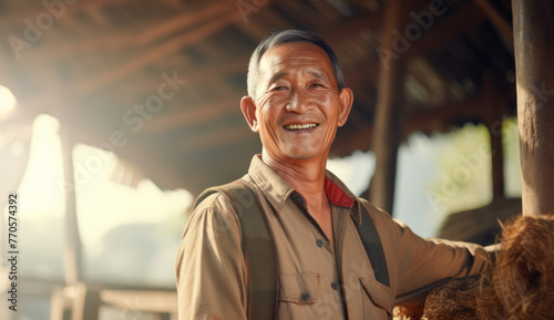 Chinese farmer smiling for the camera against the backdrop of their lush, sun-kissed paddy fields, conveying a sense of satisfaction and connection to the land with Hmong-Mien cultures
