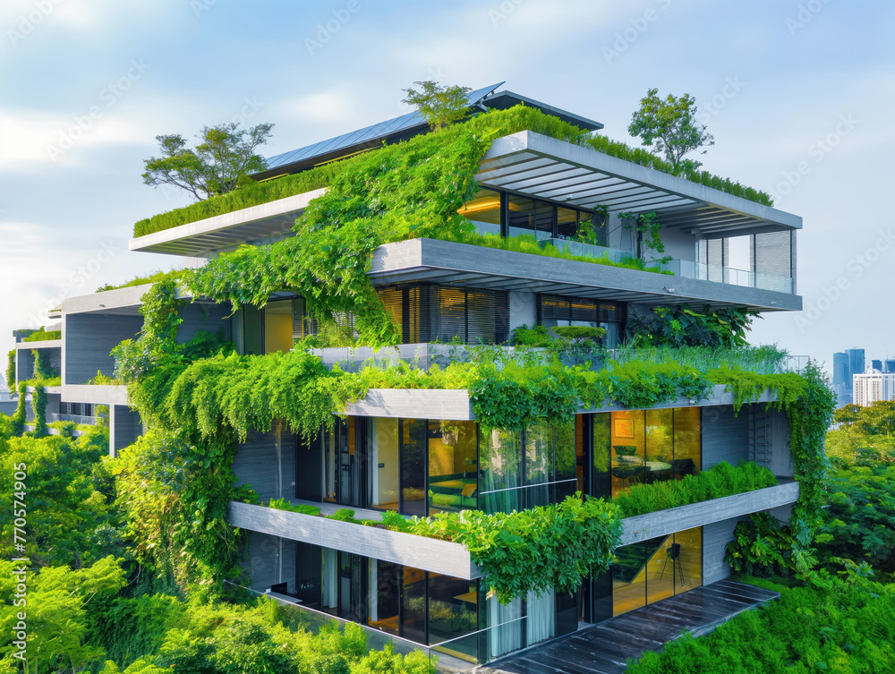 Sustainable house with green roof and solar panels. Futuristic eco-friendly home with big windows, surrounded by nature, city on the background. Ecological residence with garden, sustainable building