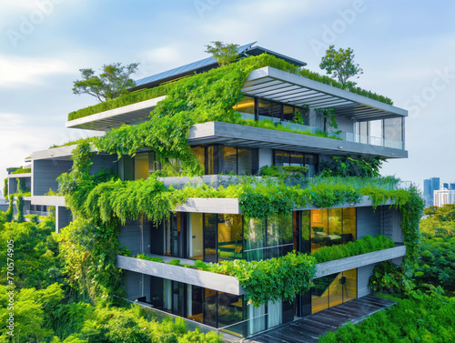 Sustainable house with green roof and solar panels. Futuristic eco-friendly home with big windows, surrounded by nature, city on the background. Ecological residence with garden, sustainable building