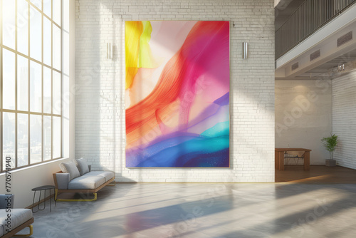 A large canvas showcasing an abstract oil pastel painting with vibrant, swirling colors, displayed on a white brick wall in a modern living room with minimalist furniture.