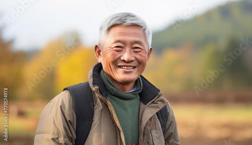 Chinese farmer Portrait photography of a Vietnamese man in his 40s against a mountain tibetan background