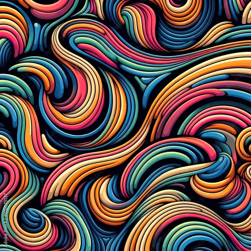 a colorful pattern of wavy shapes on a black background, abstract pattern, psychedelic background, rounded lines, smooth organic pattern, colourful biomorphic opart, worms intricated, motion shapes co