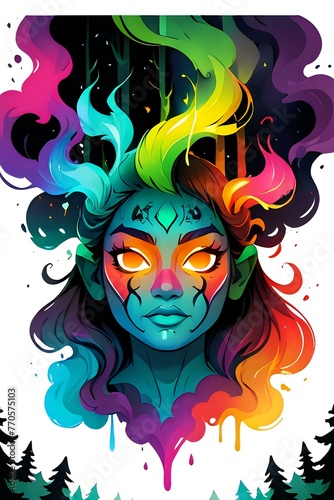 Mystical Nature Spirit Portrait. A vibrant portrait of a nature spirit with ethereal colors flowing into the night, perfect for evocative design and art projects.