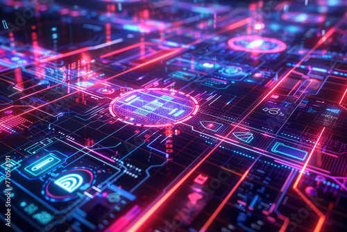 A futuristic visualization of a cybersecurity service concept with neon lights and holographic interfaces illustrating real-time threat monitoring and data encryption.