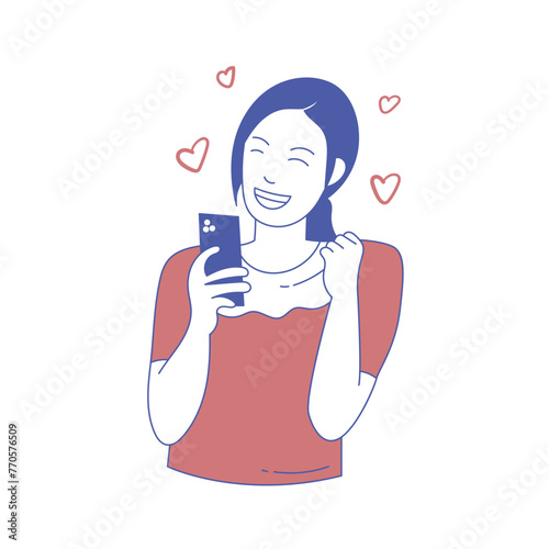 illustration of a happy woman playing on a smartphone. Expression of joy and happiness. Vector illustration in cartoon style