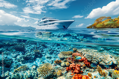 An elegant yacht near a reef, with guests snorkeling in the clear waters to observe marine life, highlighting the captivating underwater world.