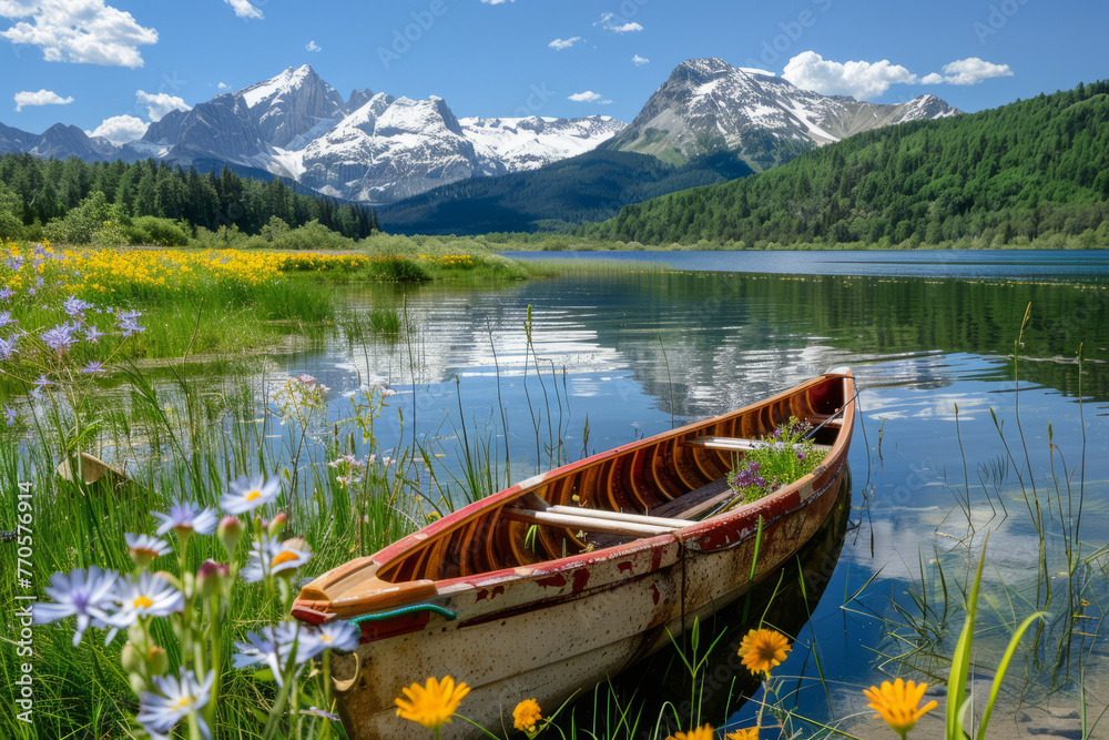A serene lakeside canoe nestled by a tranquil lake, surrounded by majestic snow-capped mountains. The water reflects the azure sky.