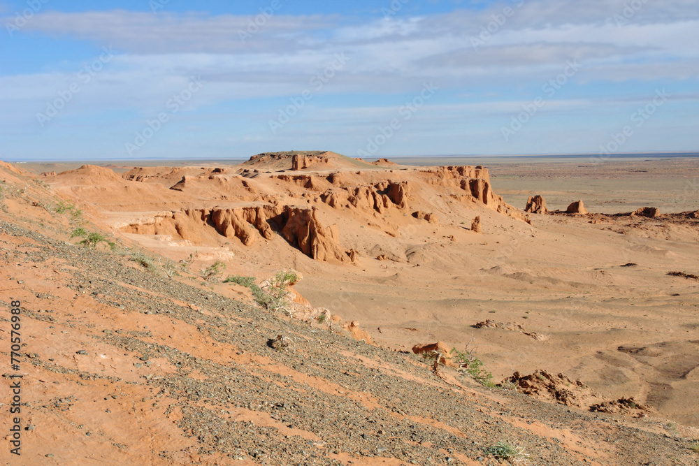 View on Bayanzag Flaming Cliffs  on the Mongolian Gobi desert containing fossils of jurassic dinosaurs