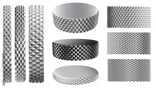 Cylindrical knurling diamond pattern. Precision metalwork metal grip, tooling vector background and knurl podium