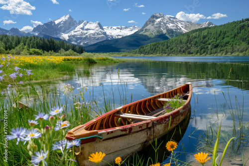 A serene lakeside canoe nestled by a tranquil lake, surrounded by majestic snow-capped mountains. The water reflects the azure sky. © mihrzn