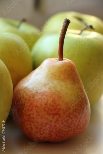 Apples and pear jn the table photo