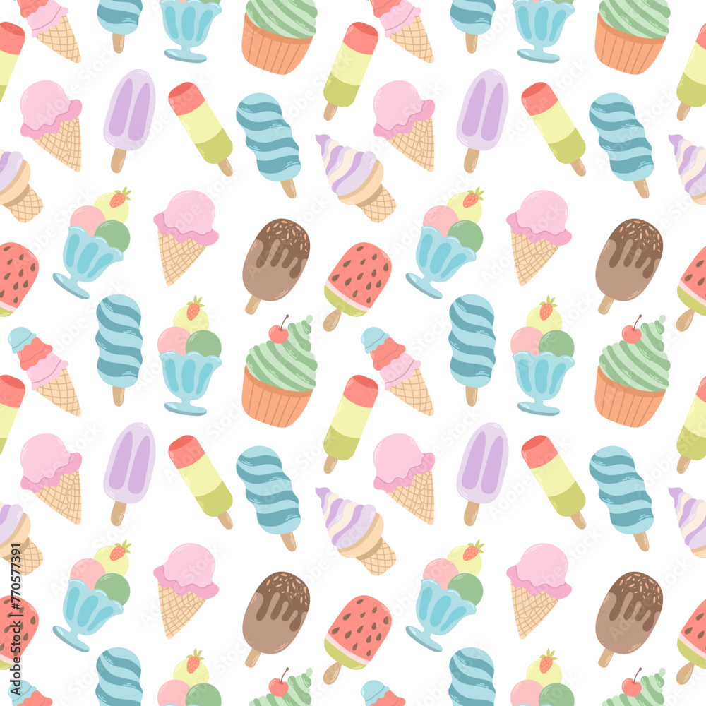 Seamless pattern with ice cream on a white background. Vector summer background Seamless pattern with ice cream on a white background. Vector summer background