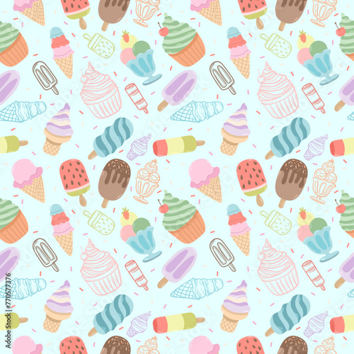 Seamless pattern with sketch and flat style ice cream on a light background. Vector