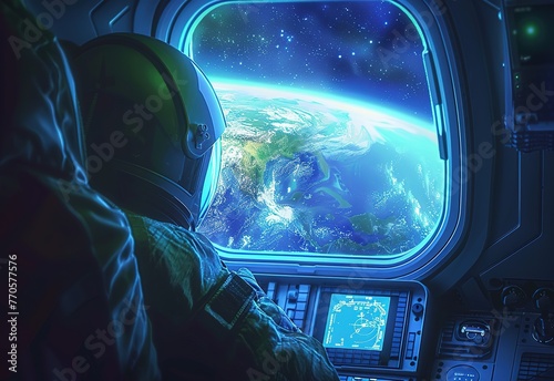 An astronaut observes the Earth from a spaceship: a mesmerizing view of our planet among the stars