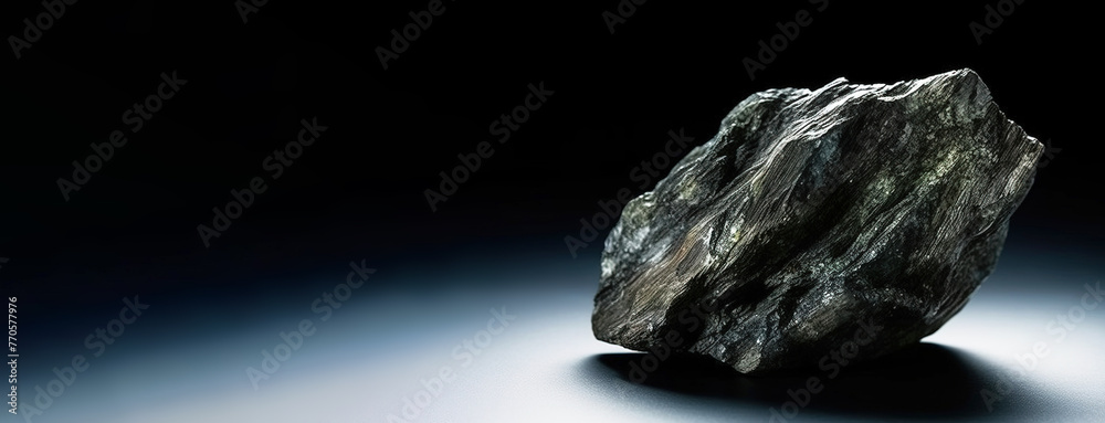 Naklejka premium Berthierite is a rare precious natural stone on a black background. AI generated. Header banner mockup with space.