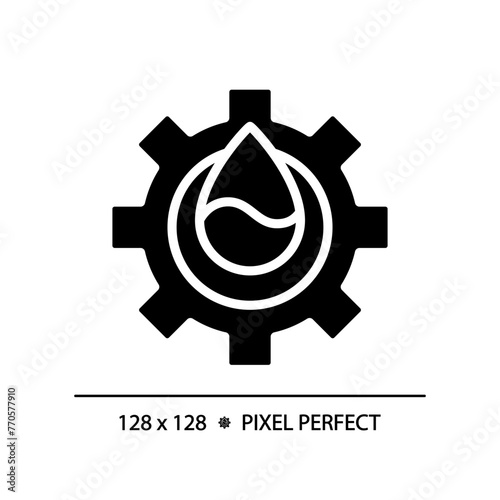 Water industry black glyph icon. Water management. Clean water solutions. Droplet and gear. Silhouette symbol on white space. Solid pictogram. Vector isolated illustration. Pixel perfect photo