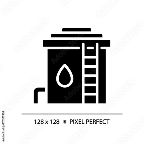 Water reservoir black glyph icon. Storage tank. Municipal water system. Resource management. Silhouette symbol on white space. Solid pictogram. Vector isolated illustration. Pixel perfect