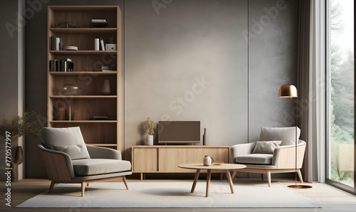 Interior of modern living room with brown armchair and bookshelf © Ilham
