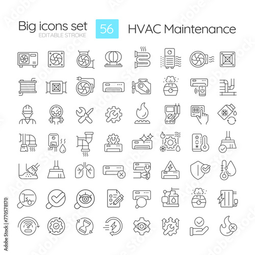 HVAC maintenance linear icons set. Commercial services. Heating and coolin system. Air conditioning. Customizable thin line symbols. Isolated vector outline illustrations. Editable stroke