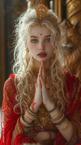 A Concept Diwali photo shoot. Goddess kali concept. Indian culture kali puja. Blond woman. AI Generative.