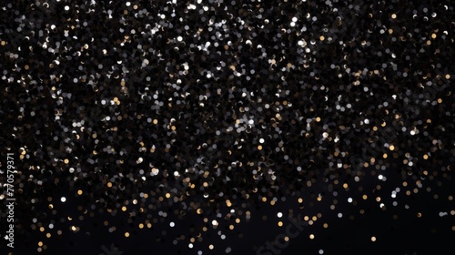 Shimmering Silver Glitter Particles Floating in the Dark with Bright Illumination. Dark background with shiny silver glitter particles scattered throughout. 