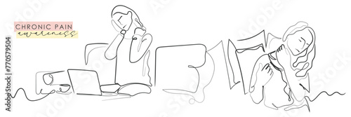 Hand drawn line art vector of Fibromyalgia awareness. Chronic fatigue syndrome. Chronic pain and its awareness