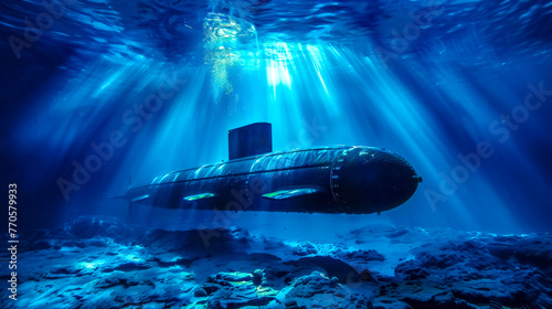 Wallpaper Mural Submarine explores the ocean depths with sunbeams piercing through the water Torontodigital.ca