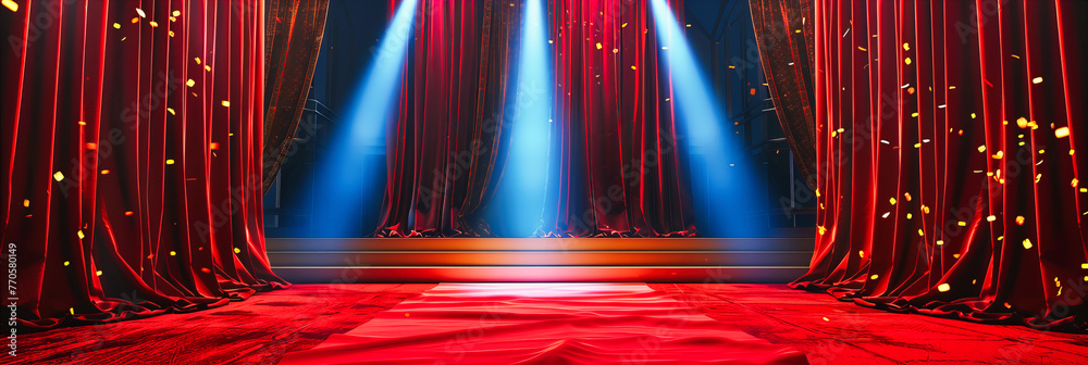 Elegant Stage Presence: A Red Velvet Curtain on a Dramatic Theater Stage, Ready for a Captivating Performance - obrazy, fototapety, plakaty 