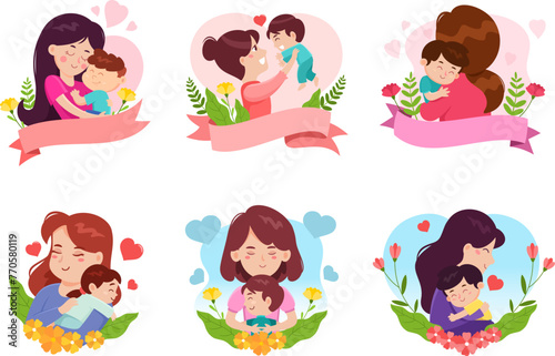 Cartoon Mother's Day Banner Templates. Vector Flat Design Collection Set Isolated On Transparent Background