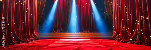 Elegant Stage Presence: A Red Velvet Curtain on a Dramatic Theater Stage, Ready for a Captivating Performance photo