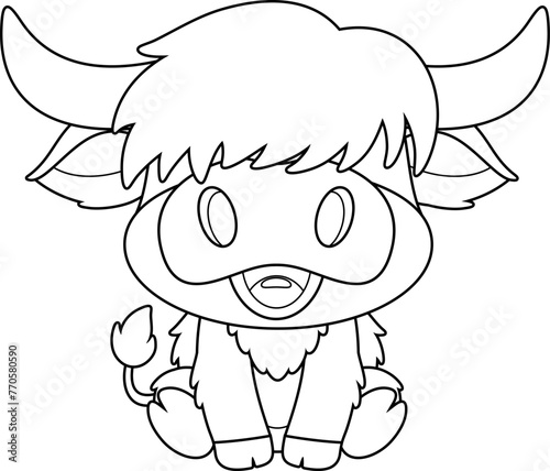 Outlined Cute Baby Highland Cow Cartoon Character. Vector Hand Drawn Illustration Isolated On Transparent Background