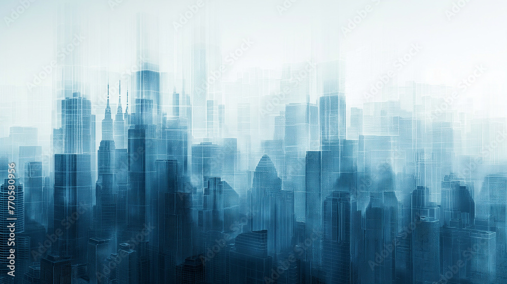 Overlooking the Minimalistic X-Ray Style City Architecture in Light Blue and White on a Black Background: A 32K Full Screen View of a Smart City in Low Details with Light and Shadow