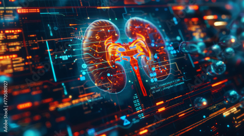 Dark 3d futuristic model of human kidneys, nephrology healthcare concept. Scientific researches and data. Generative AI photo