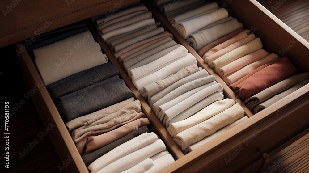Folded clothes are stored neatly. in the closet Folded clothes are stored neatly. in the closet