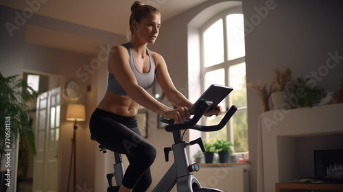 Young woman riding a bicycle exercising at home