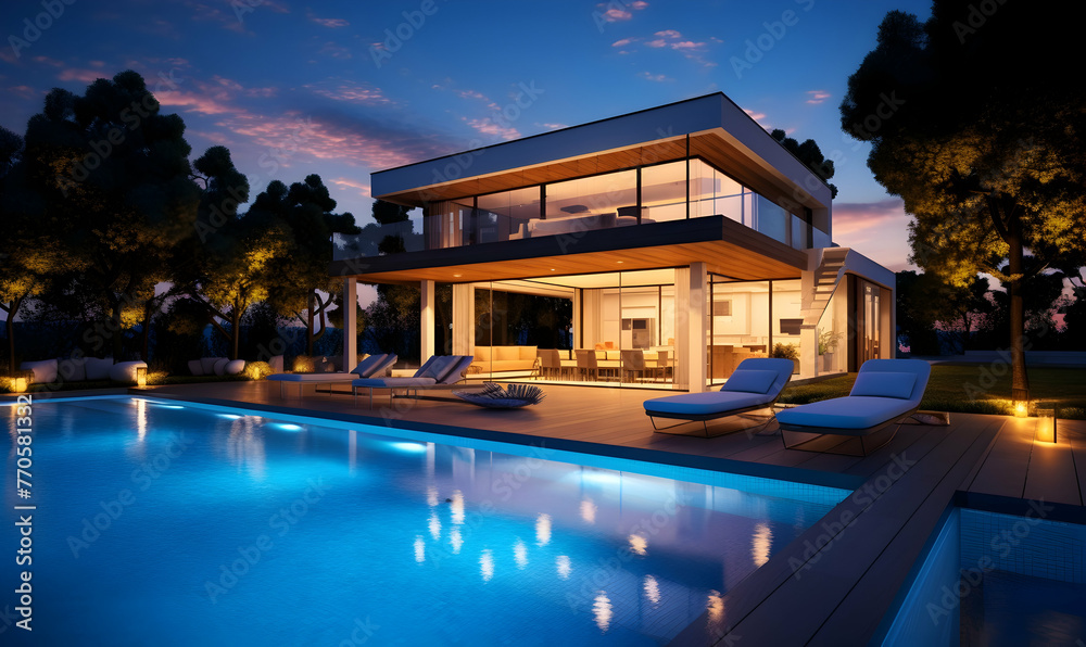 3d rendering of modern cozy house with pool and parking for sale or rent in luxurious style. Sunset with beautiful sky