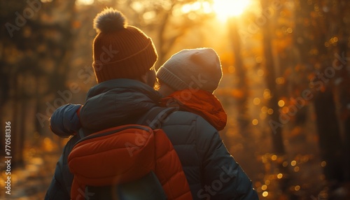 Father and Son Walking in the Park, Hugging Each Other as the Sun Sets, Both Wearing Winter Jackets