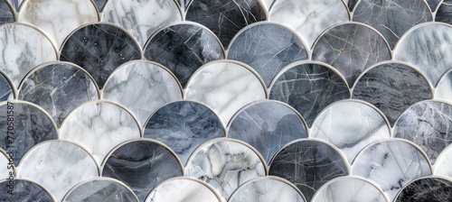 Close up of white marble mosaic tile pattern with arched shapes. Abstract background, texture and wallpaper for interior design in bathroom or kitchen