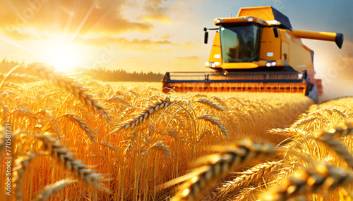 Close-up of a combine harvester in a golden wheat field at sunset or sunrise, ears of wheat in the foreground. Wheat harvest concept. Generative Ai.