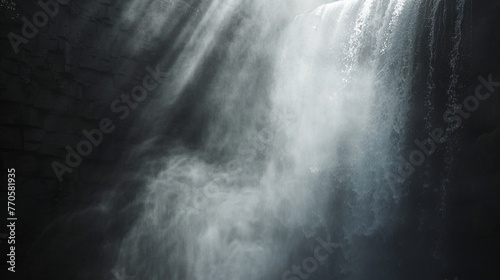 A backlit waterfall with sunlight streaming through the mist creating a luminous effect.