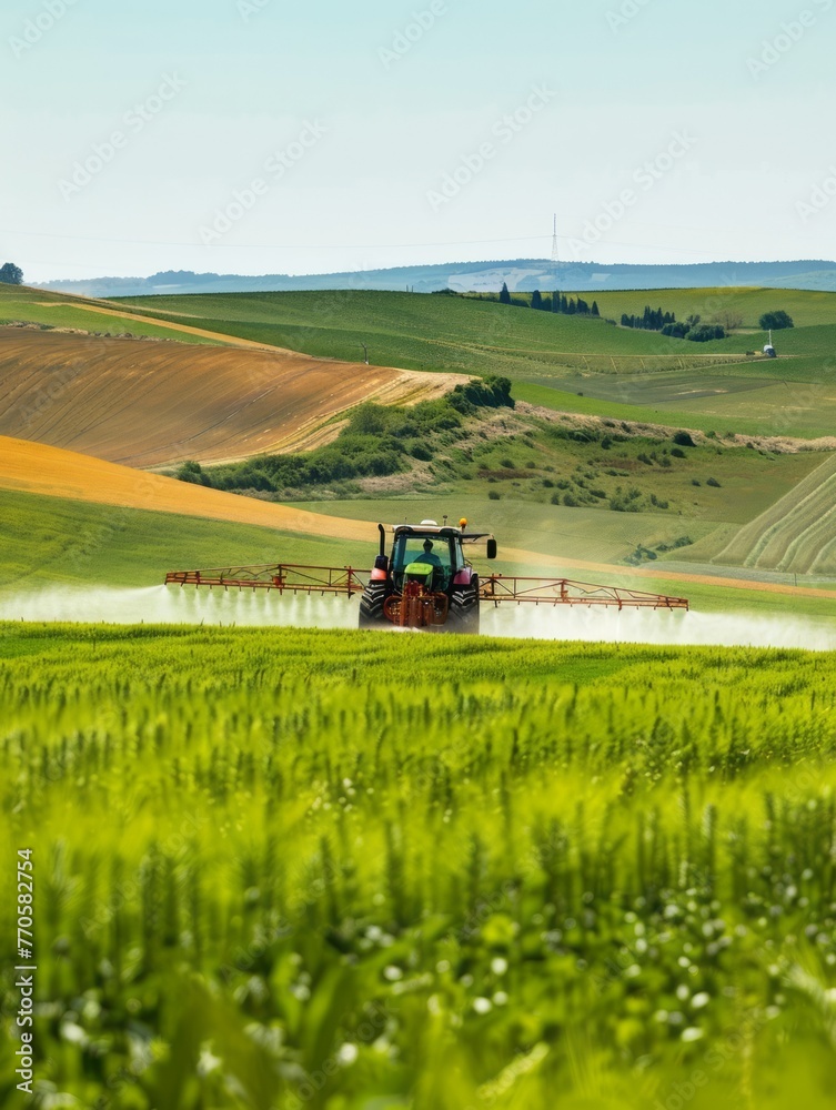 Fototapeta premium Modern Agriculture Tractor Spraying Crops